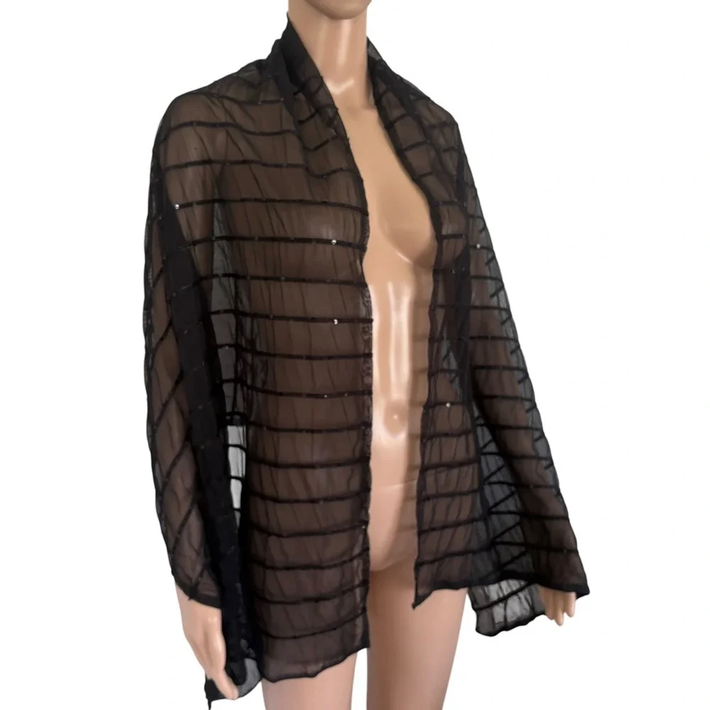 Gothic Black Sheer Mesh Sequin Striped Evening Wrap Shawl Scarf Formal Fairy